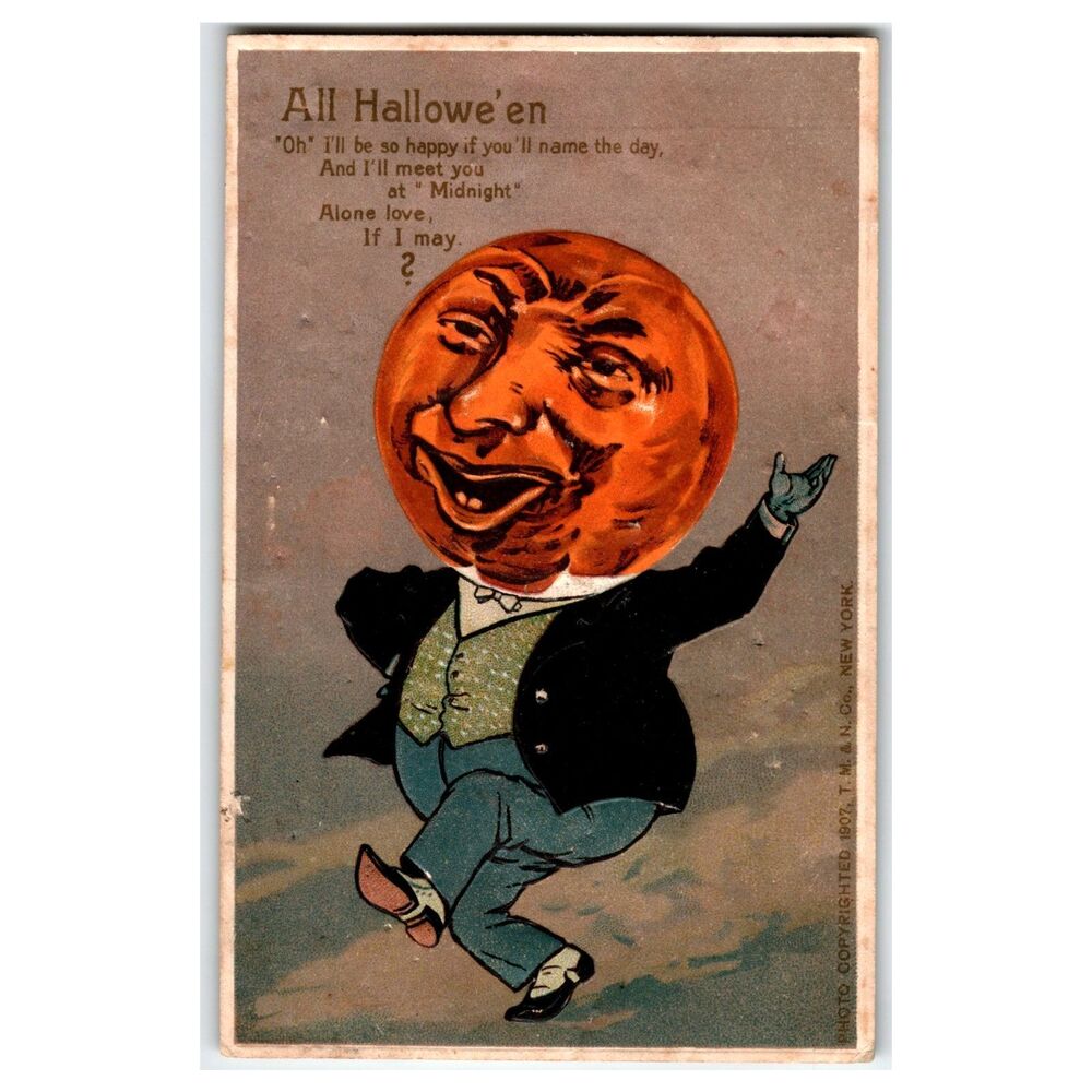 1907 All Hallowe'en Dancing Pumpkin Man T. M. & N. Co. Halloween Postcard Tower